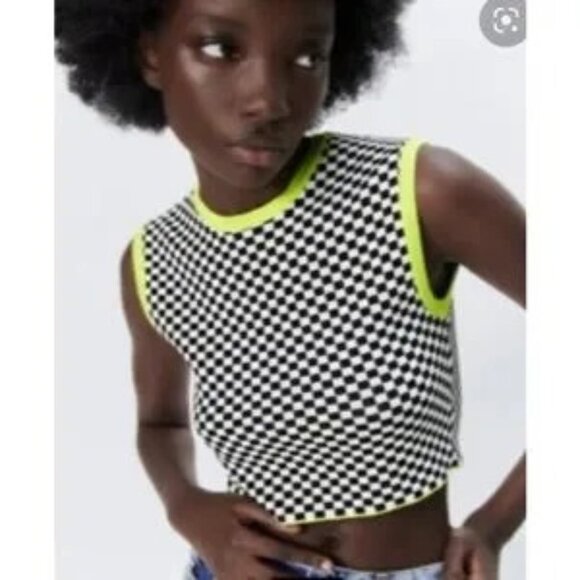 Zara Tops - Zara Checkered Knit Neon Trim Top Vest Emily in Paris Large NWOT